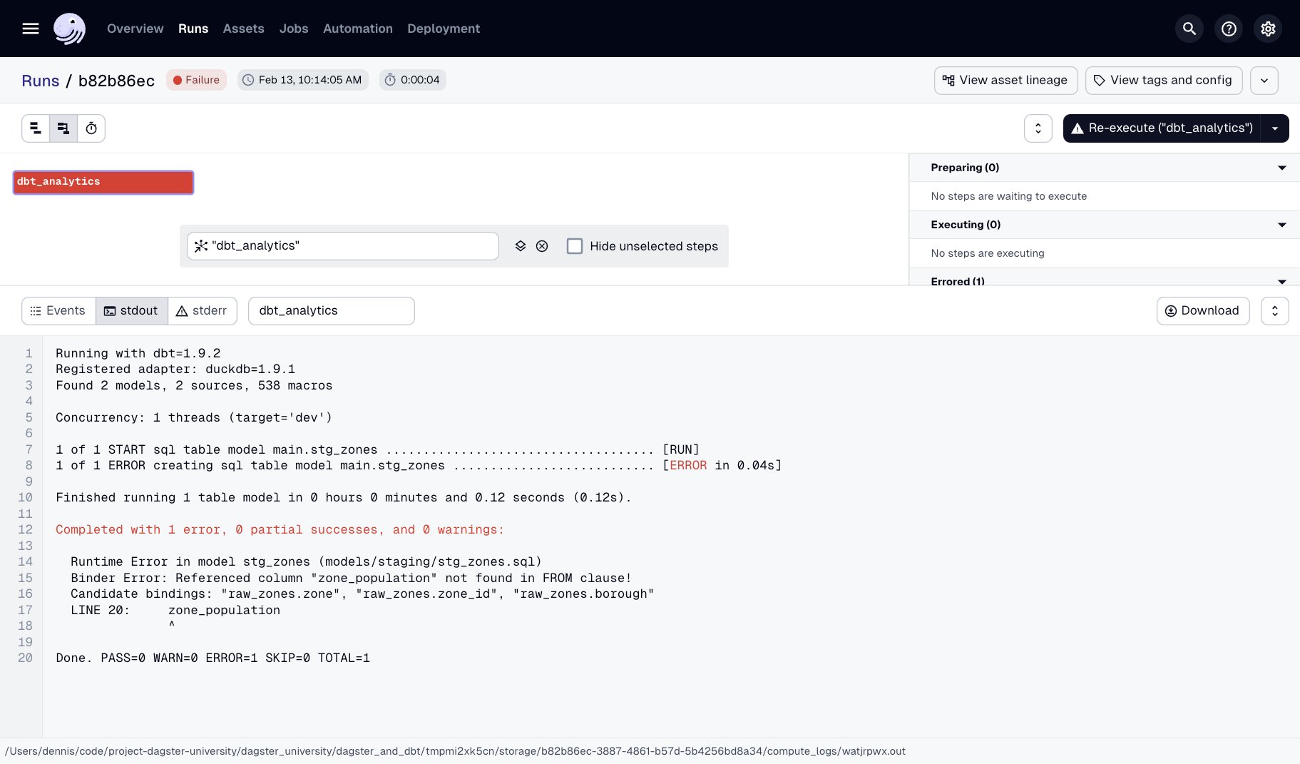stdout logs showing failure for std_zones materialization in the Dagster UI
