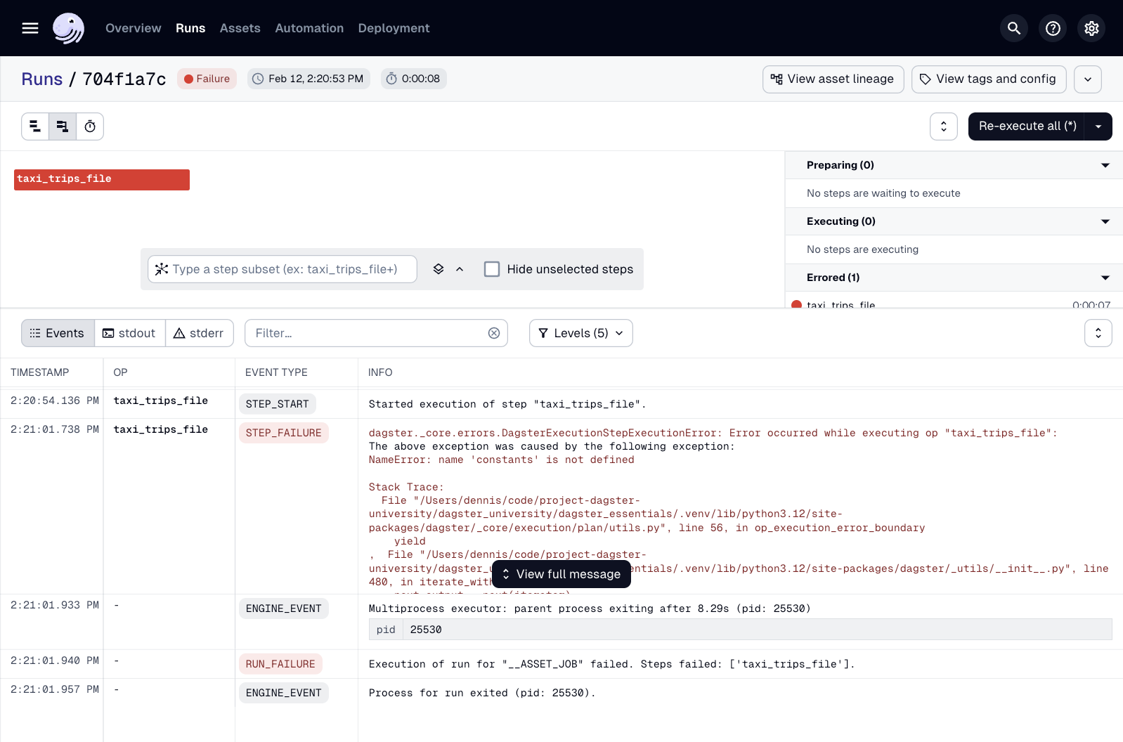 Run details page showing a run failure