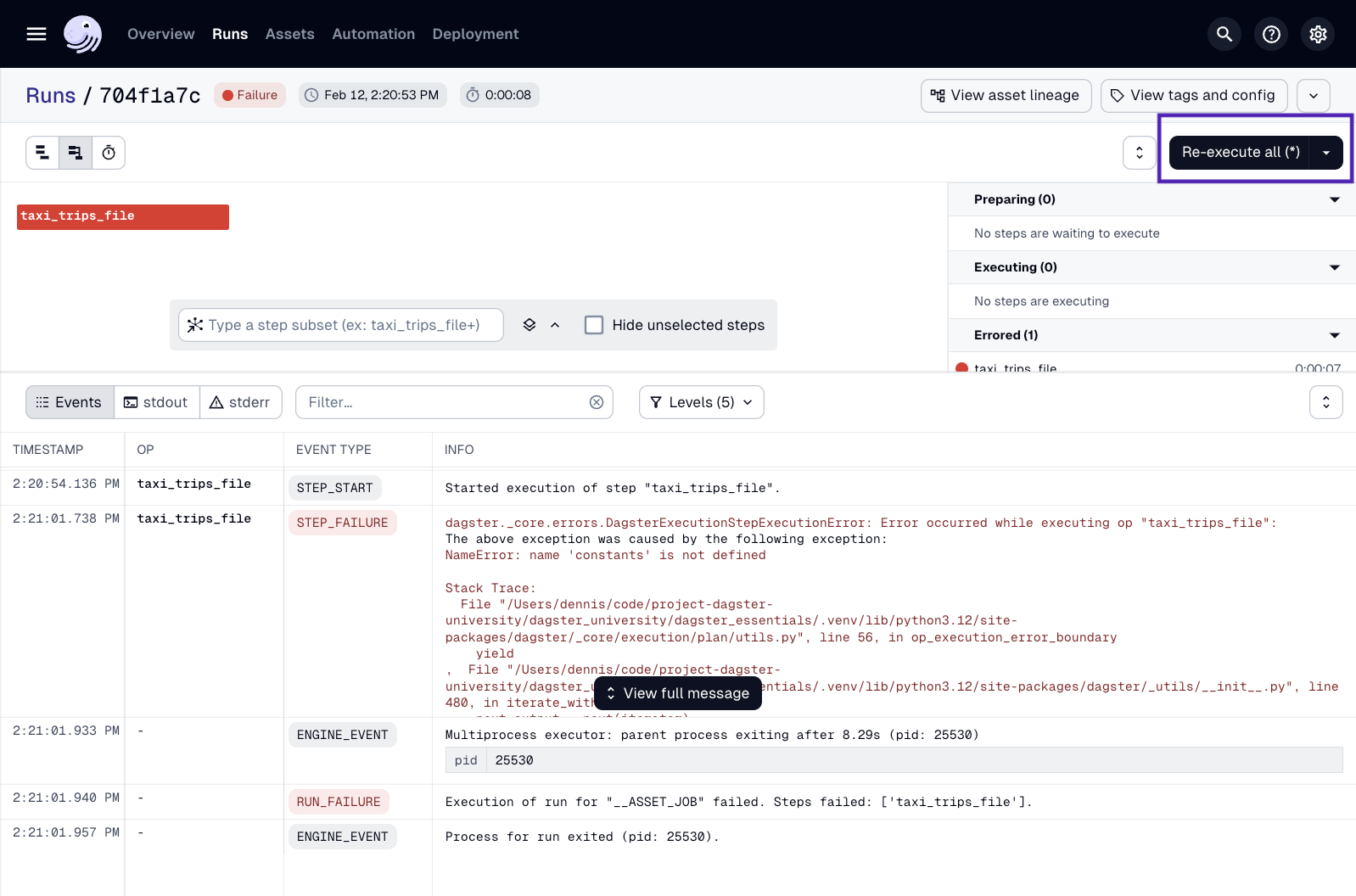 Highlighted Re-execute all button in the Run details page, located near the top-right corner