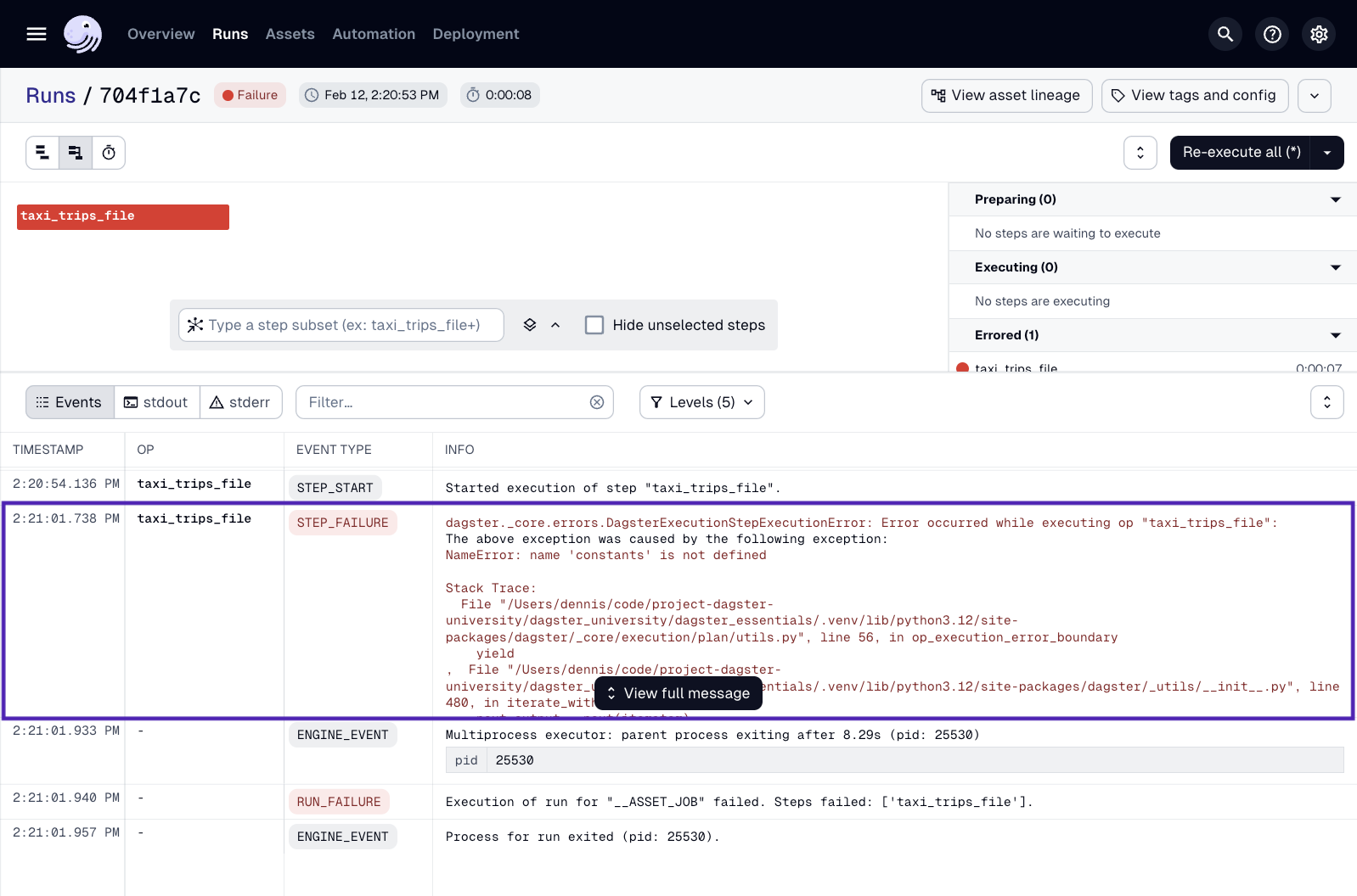 Highlighted STEP_FAILURE event in the Run logs