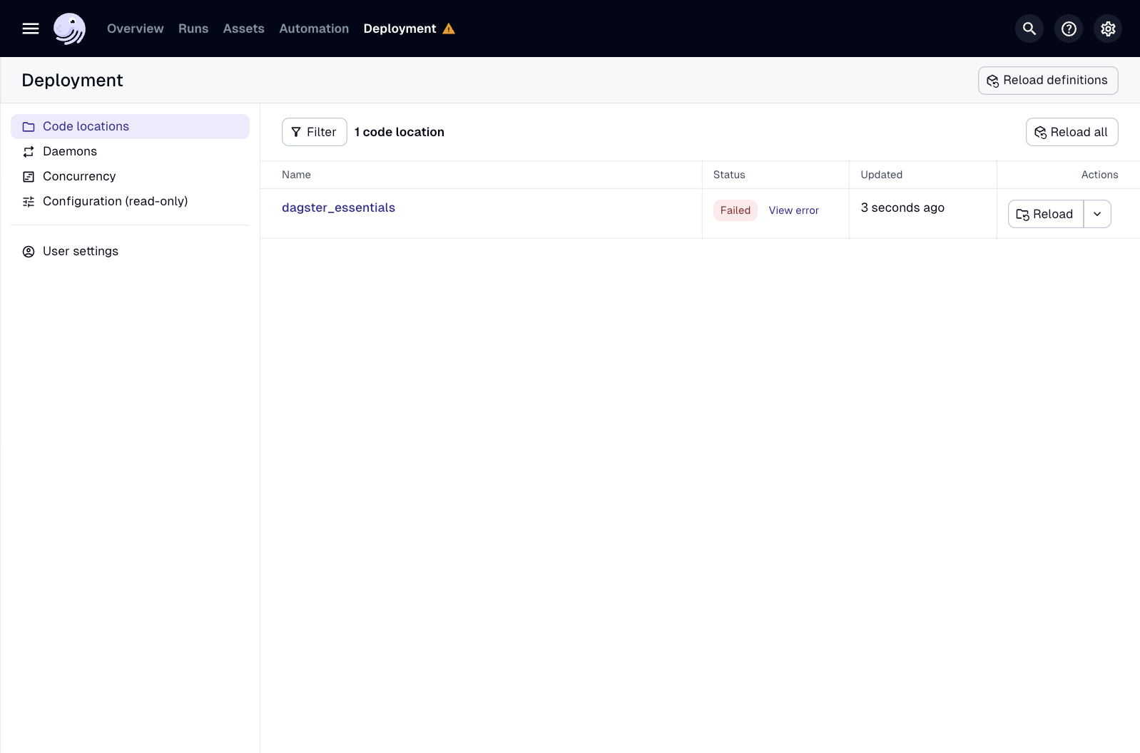 Code locations will have a status of Failed if there's an issue