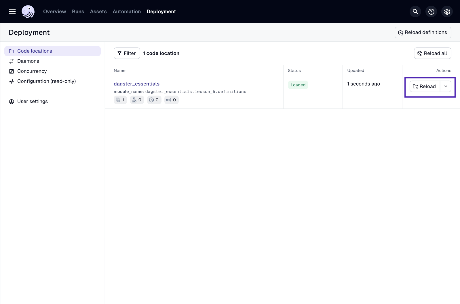 The Reload button in the Code locations tab in the Dagster UI