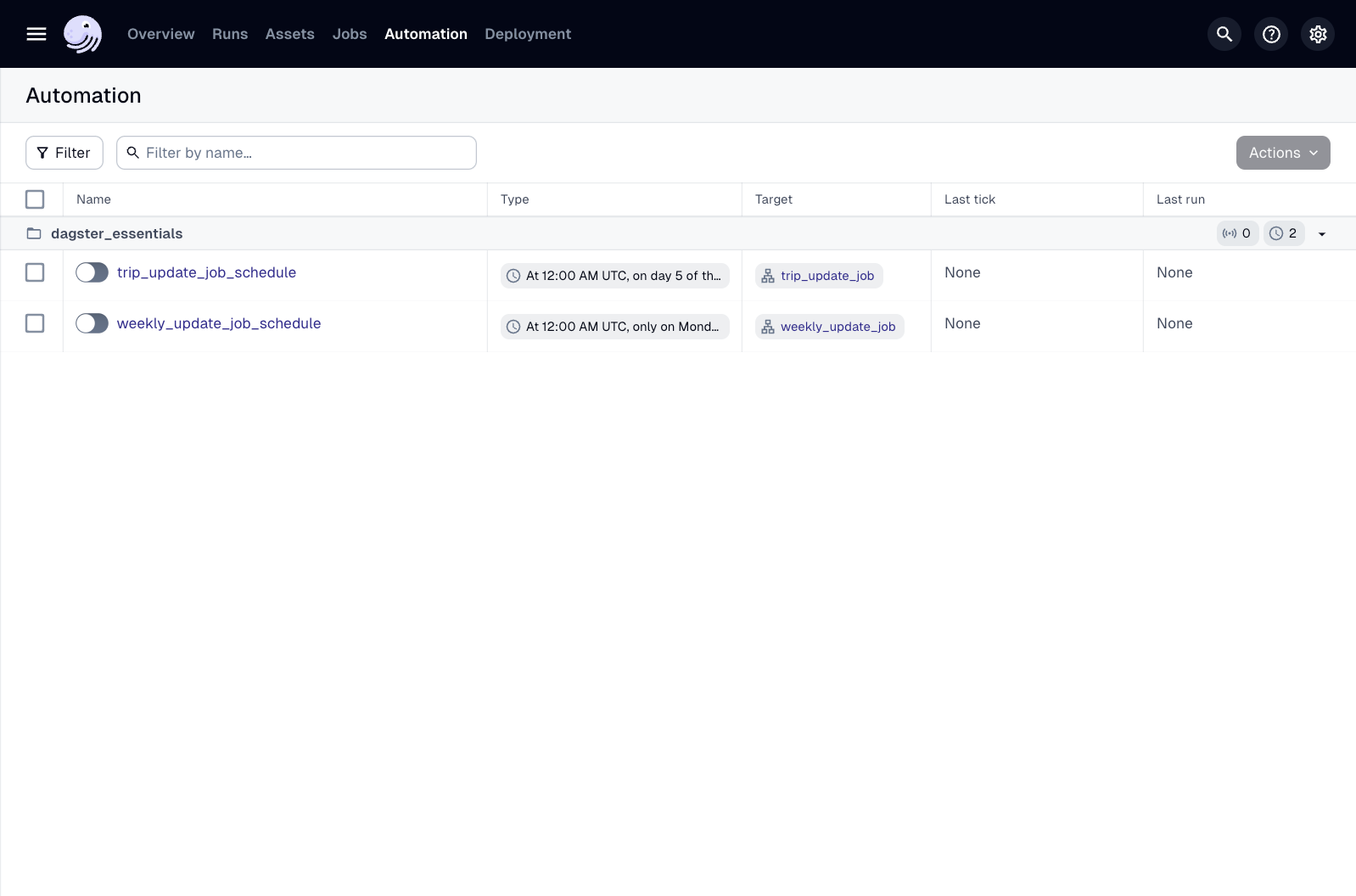 The Jobs tab in the Dagster UI