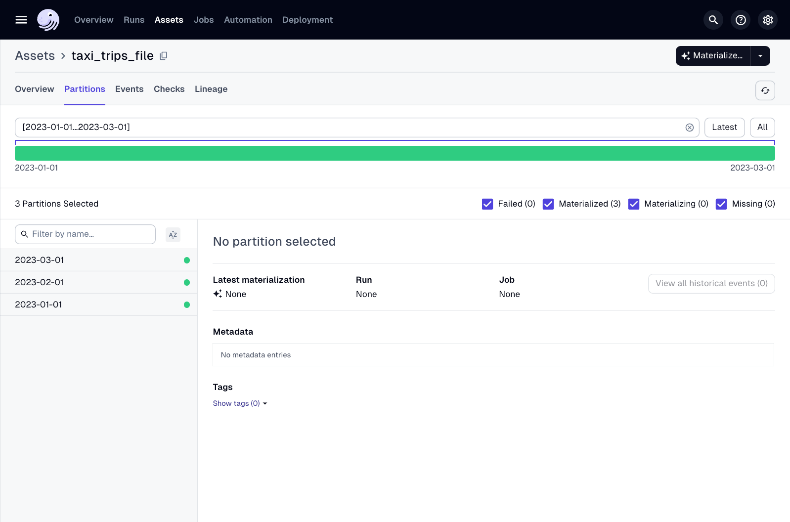 The Backfills tab in the Dagster UI
