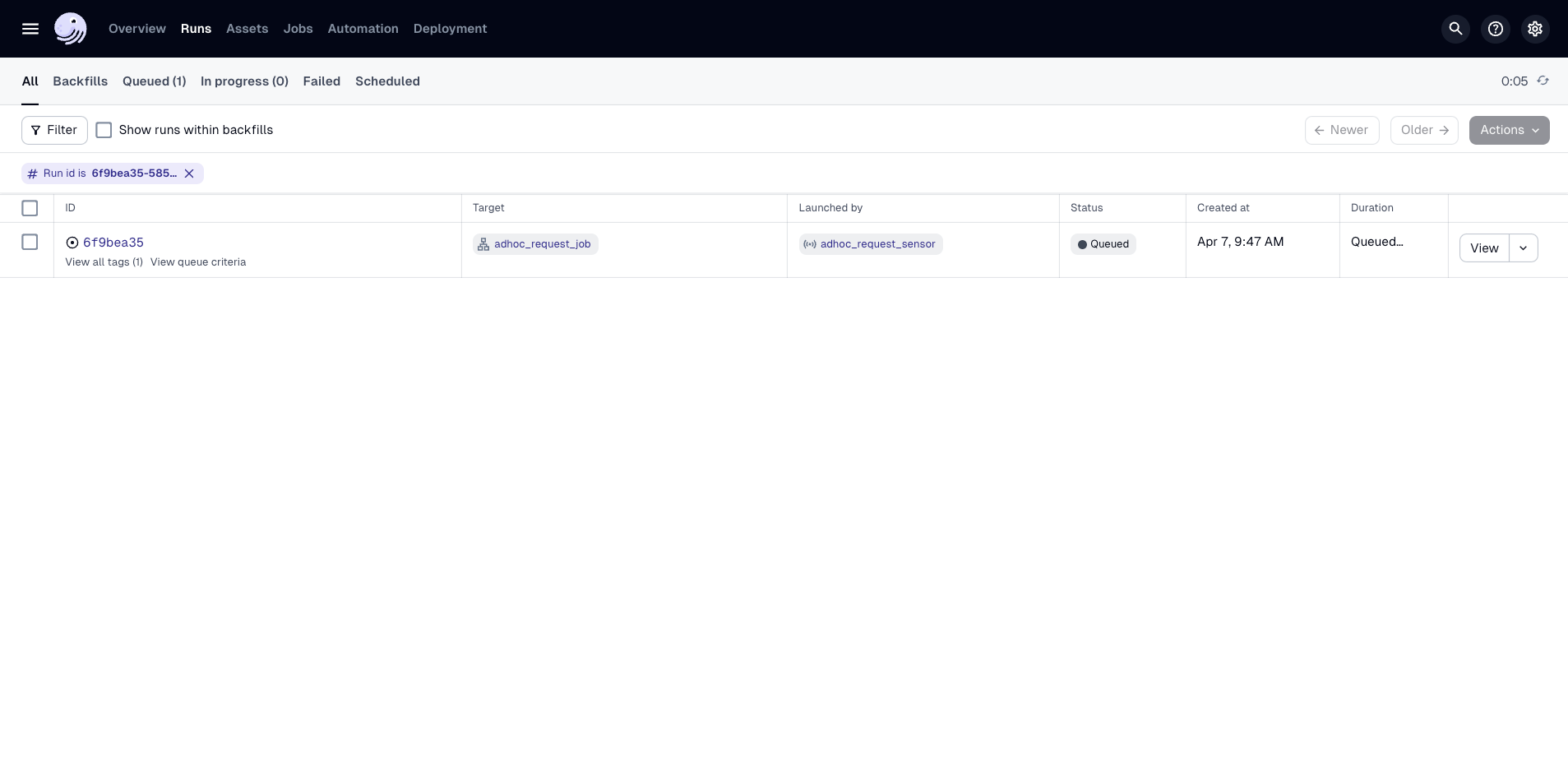 Results from the sensor evaluation in the Dagster UI